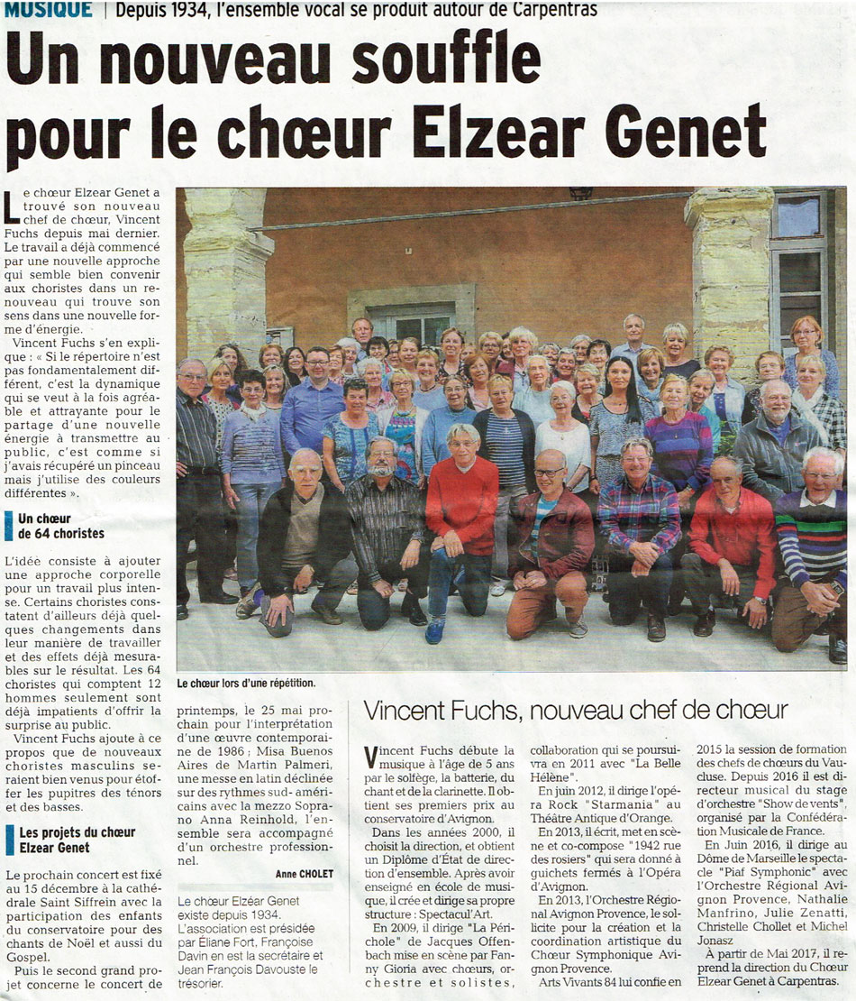 Choeur Elzéar Genêt Carpentras Article Vaucluse Matin 2017