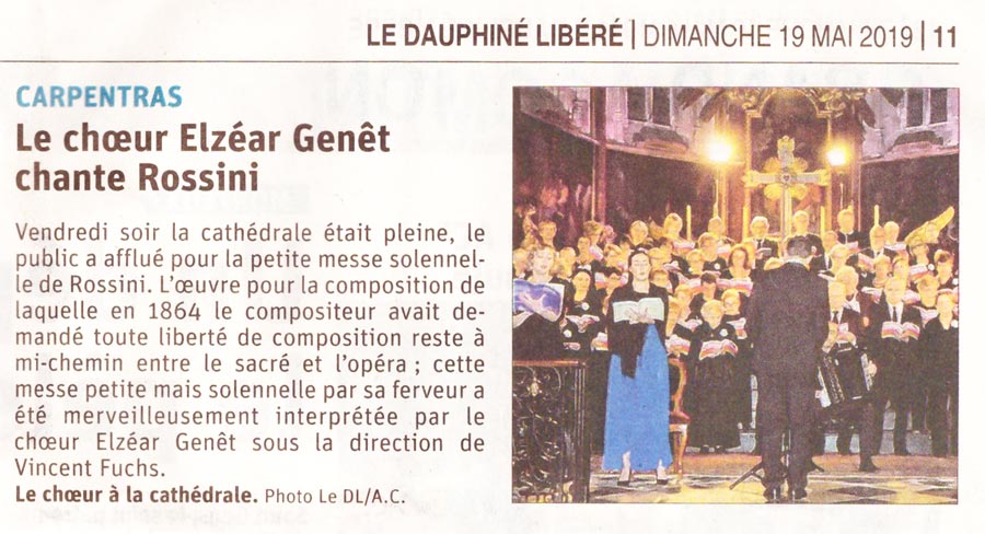 Concert Rossini par le chœur Elzéar Genêt article Le Dauphiné Libéré